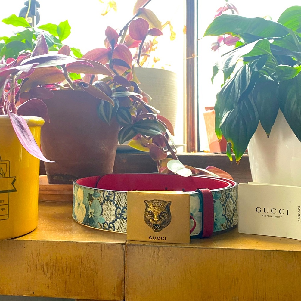 GUCCI BELT GG BLOOMS HIBISCUS PRINT PLAQUE TIGER BUCKLE sz 80/32